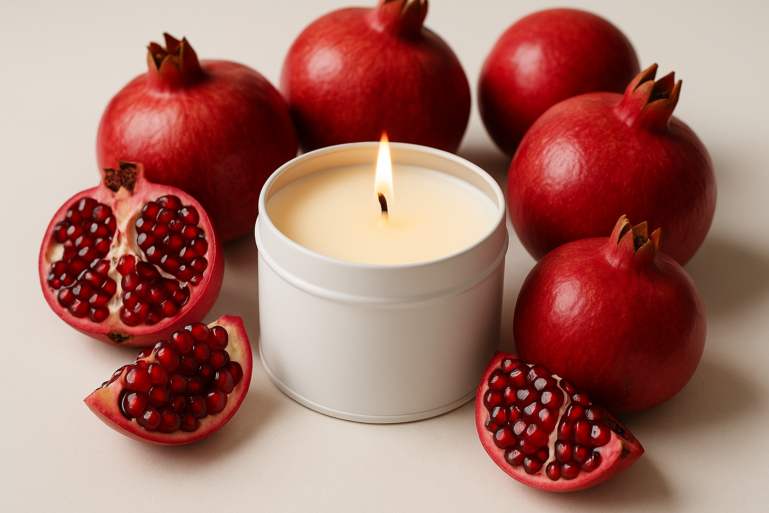 candle in white tin with pomegranites