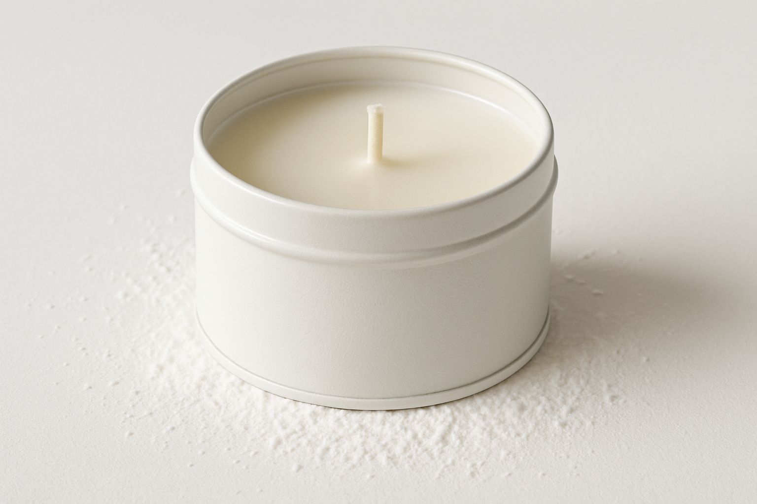 white tin candle with baby powder