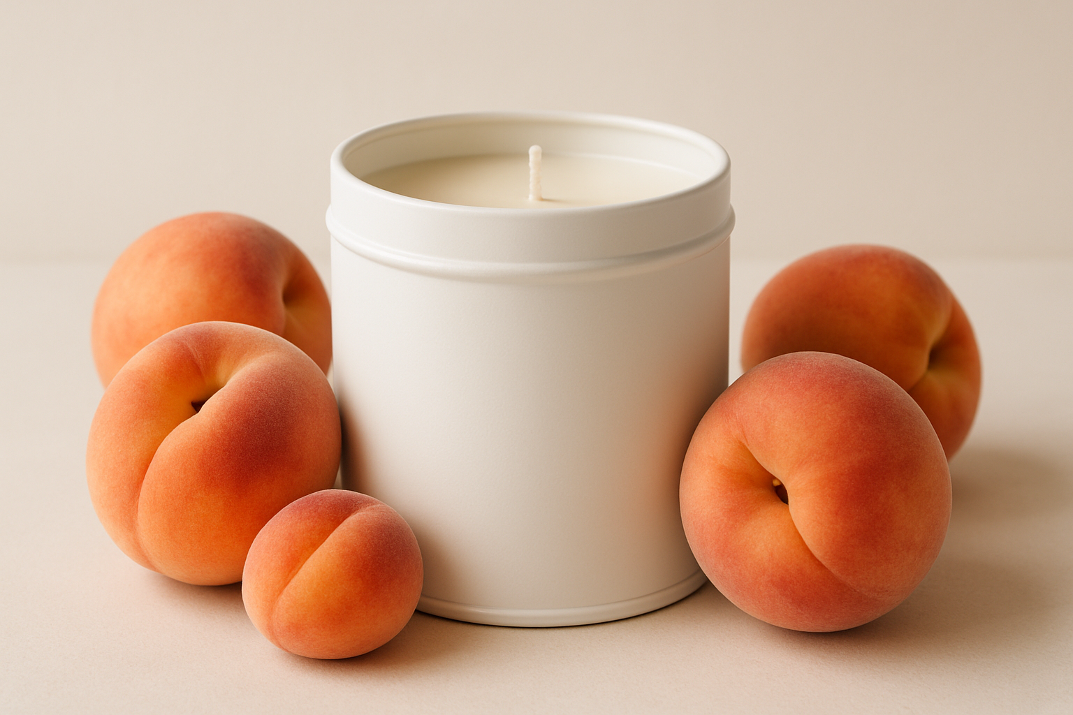 white tin candle with peaches