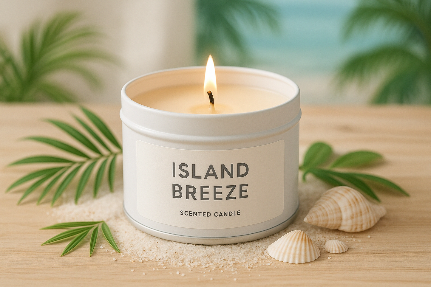 candle in white tin island breeze