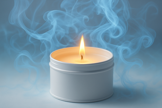candle in white tin with blue air